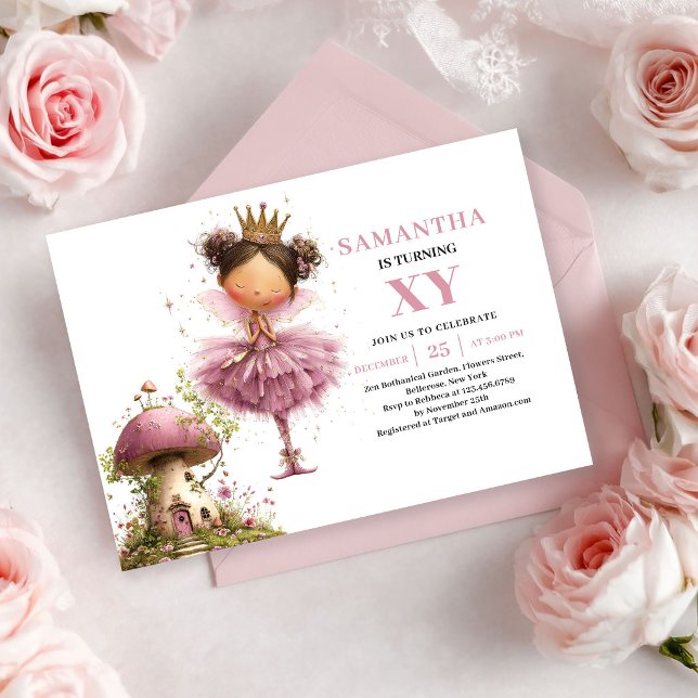 Söt Sagoflicka 5-års Födelsedagsinbjudan Rosa Ros  Inbjudningar (Cute Fairy Girl 5th Birthday Pink Rose Gold invitation)