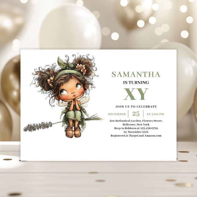 Söt Sagoflicka 5-årsdag Grön Invitation Inbjudningar (Cute Fairy Girl 5th Birthday Greenery Invitation)