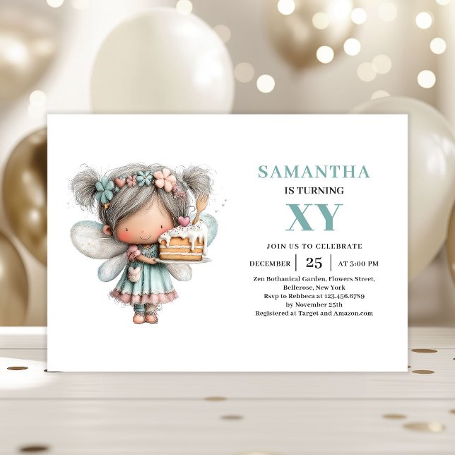 Söt Sagoflicka 6-års Födelsedags Magisk Inbjudan (Cute Fairy Girl 6th Birthday Magical Whimsy invitation)