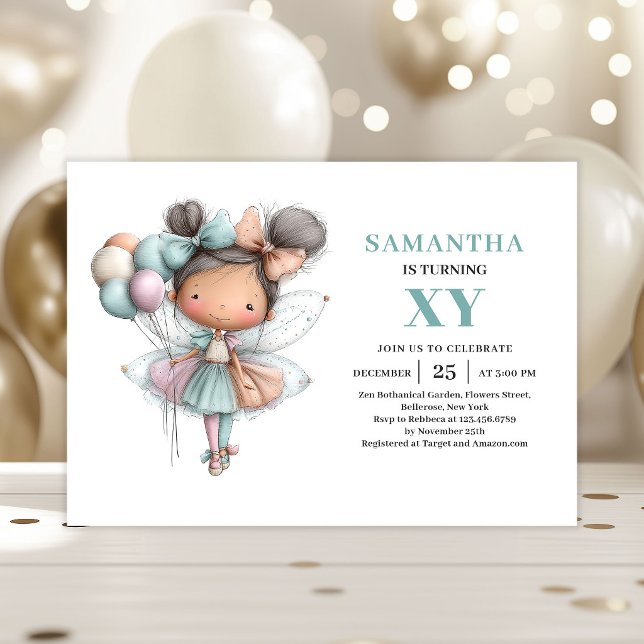 Söt Sagoflicka 9-års Födelsedags Inbjudan Pastell  (Cute Fairy Girl 9th Birthday Whimsy Pastel invitation)