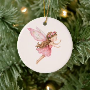 Söt sagoflicka i rosa klänning fantasifull julgransprydnad keramik