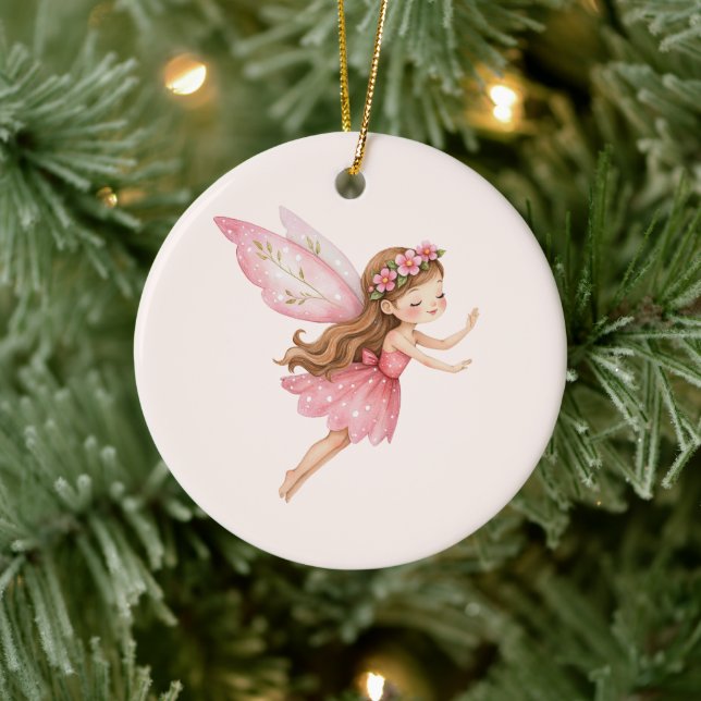 Söt sagoflicka i rosa klänning fantasifull julgransprydnad keramik (Träd)