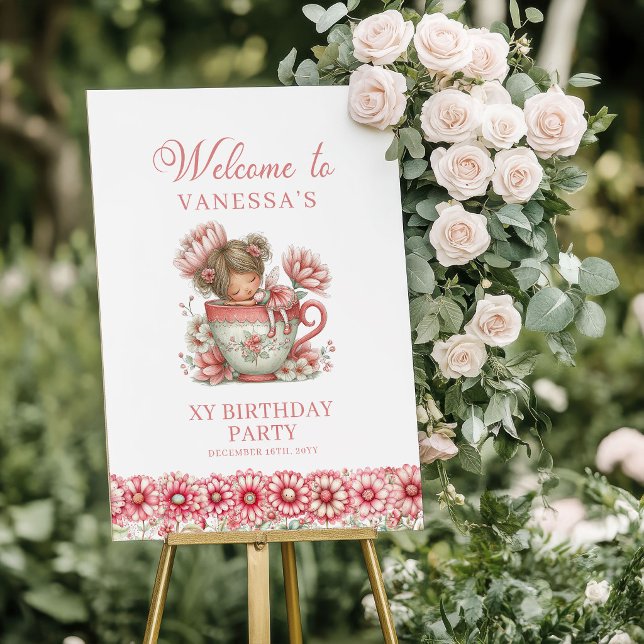 Söt Sagoflicka Rodnad Blommig Födelsedags Hälsning Poster (Lovely Fairy Girl Blush Floral Birthday Welcome Sign

)