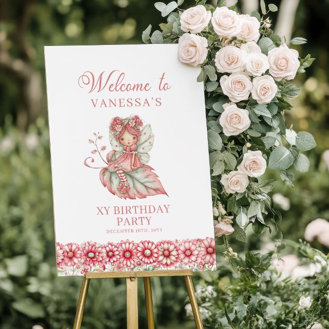 Söt Sagoflicka Rodnad Blommig Födelsedags Hälsning Poster (Sweet Fairy Girl Blush Floral Birthday Welcome Sign

)