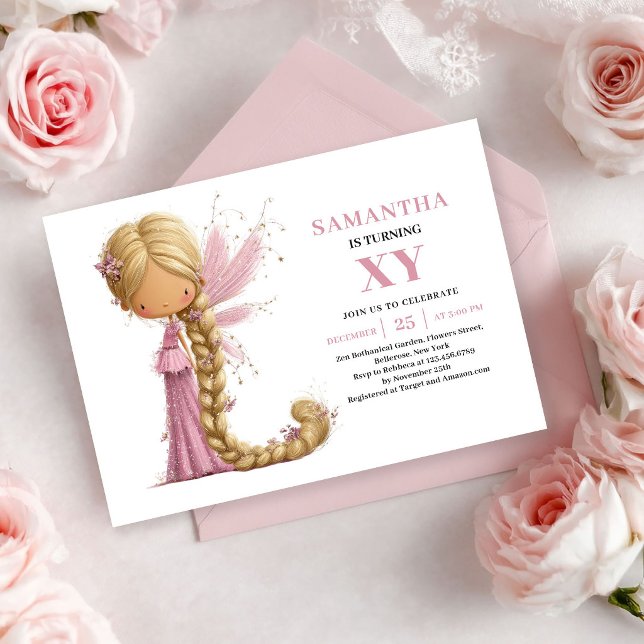 Söt sagoprinsessa 2-års födelsedags inbjudan i ros (Cute Fairy Girl 2nd Birthday Blush Pink invitation)