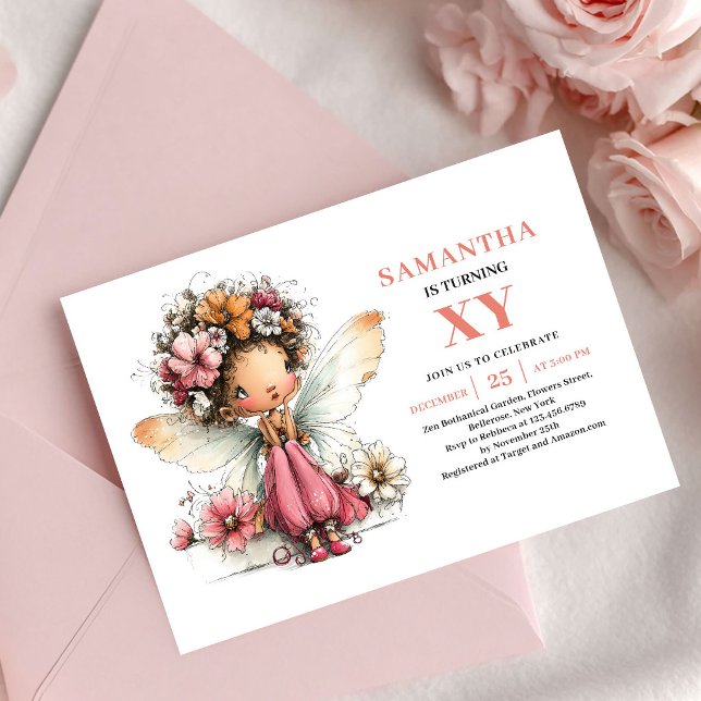 Söt Sagoprinsessa 6-års Födelsedags Blush Blommig  Inbjudningar (Pretty Fairy Girl 6th Birthday Floral Blush invitation)