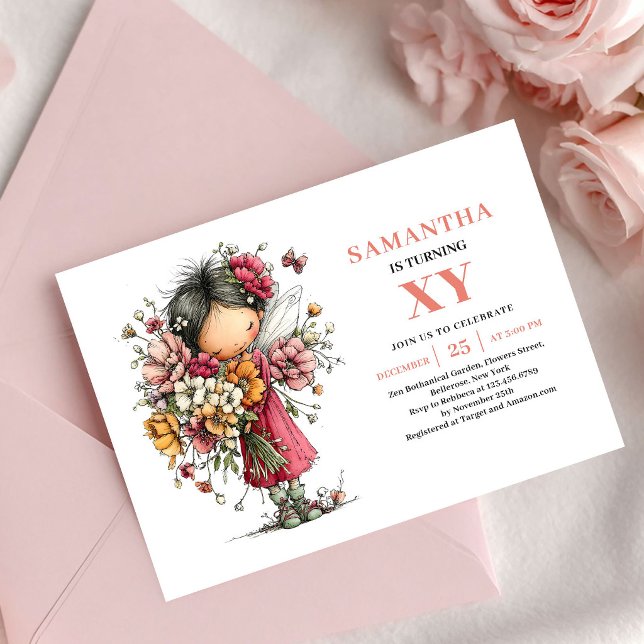 Söt Sagoprinsessa 7-års Födelsedags Rosa Blommig I Inbjudningar (Lovely Fairy Girl 7th Birthday Pink Floral invitation)