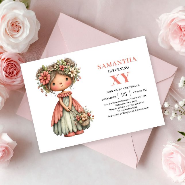 Söt sagoprinsessa födelsedag rosa blommig magi inb inbjudningar (Cute Fairy Girl Birthday Pink Floral Magic invitation)