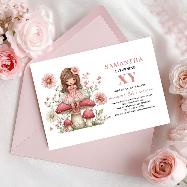 Söt sagoprinsessa födelsedagsinbjudan rosa blommor inbjudningar (Cute Fairy Girl Birthday Pink Flowers Invitation)