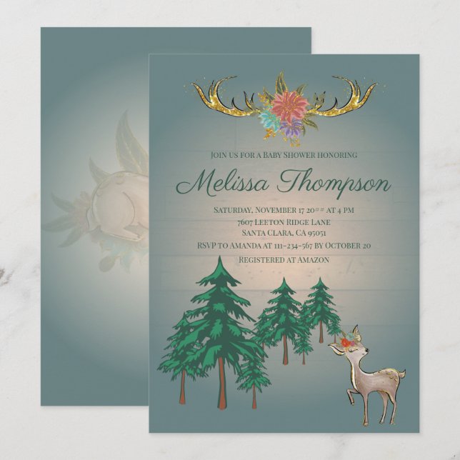 Söt Sagoskog Hjortdjur Baby Shower  Inbjudningar (Fram/baksida)