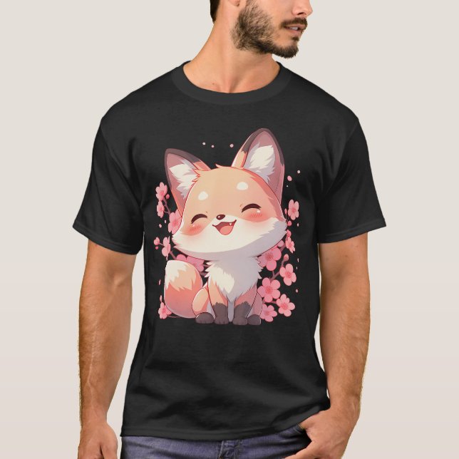 Söt Sakura Kitsune Söt Räv Körsbär T Shirt (Framsida)
