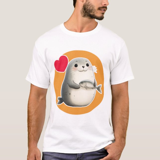 Söt säl med fisk t shirt (Framsida)