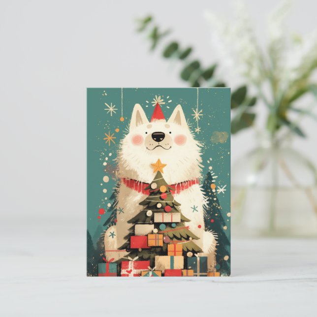 Söt Samojed-hund med jul Helg Vykort (Stående Fram)