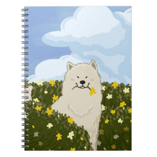 Söt Samoyed Hund i Fält av Gula Blommor (Blå) Anteckningsbok