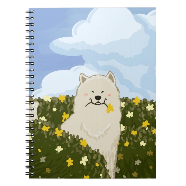 Söt Samoyed Hund i Fält av Gula Blommor (Blå) Anteckningsbok (Framsidan)
