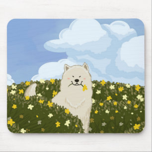 Söt Samoyed Hund i Fält av Gula Blommor (Blå) Musmatta