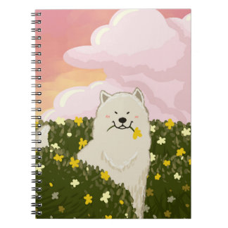 Söt Samoyed Hund i Fält av Gula Blommor (Rosa) Anteckningsbok