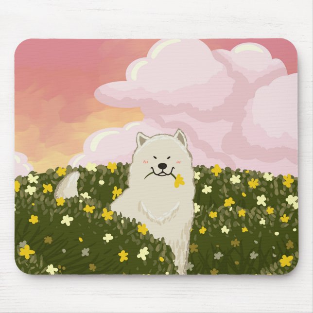 Söt Samoyed Hund i Fält av Gula Blommor (Rosa) Musmatta (Framsidan)