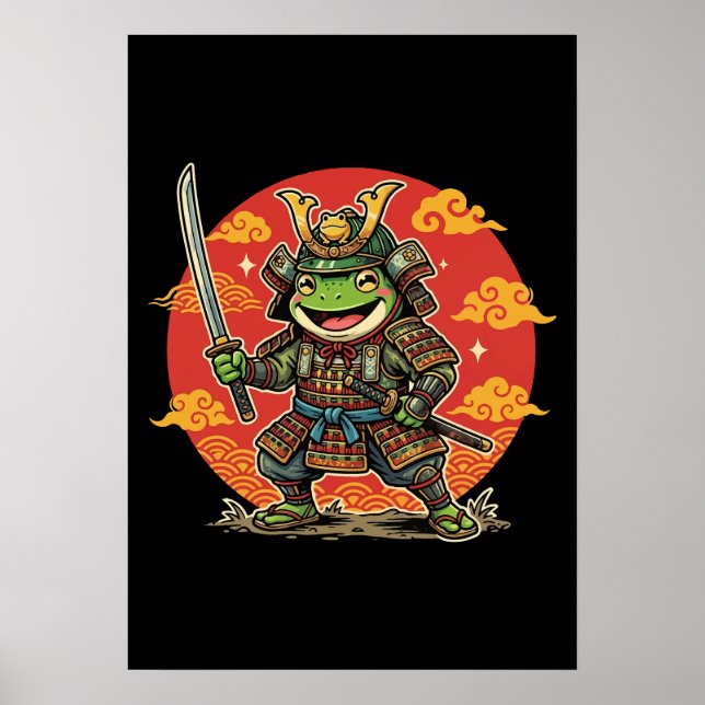 Söt Samuraj Groda Tecknad Djur Krigarkonst Poster (Framsidan)