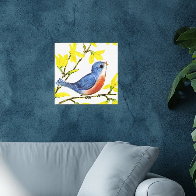 Söt sångblå fågelträd canvastryck (Little singing blue and red bird on branch yellow flowers faux textured white canvas art print.)