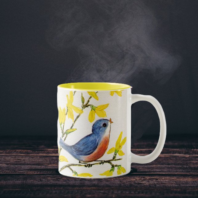 Söt sångblå fågelträd Två-Tonad mugg (Cute blue red bird on branch yellow flowers on faux textured white coffee or tea mug.)