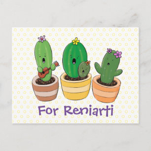 Söt sångkaktus trio tecknad illustration vykort