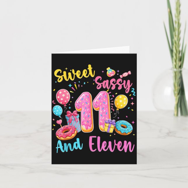 Söt sassig och elva 11-års födelsedag söt donut kort (Framsida)