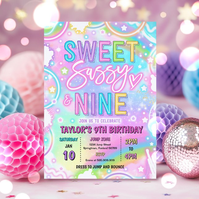 Söt Sassy Och Nio Neon Regnbåge 9-årsdag Inbjudningar (Skapare uppladdad)