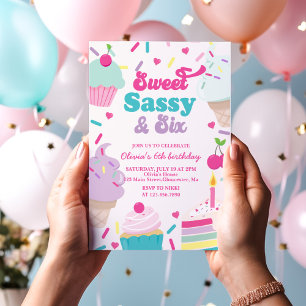 Söt Sassy och sex glass och tårta födelsedag Inbjudningar