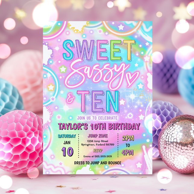 Söt Sassy Och Tio Neon Regnbåge 10-årsdag Inbjudningar (Skapare uppladdad)