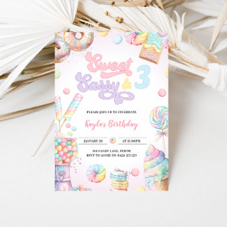 Söt Sassy och TRE Pastel Candy 3rd Birthday Inbjudningar