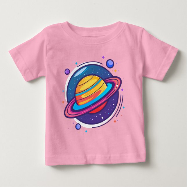 Söt Saturnus Planet Bebis T-Shirt – Färgglatt Rymd (Framsida)
