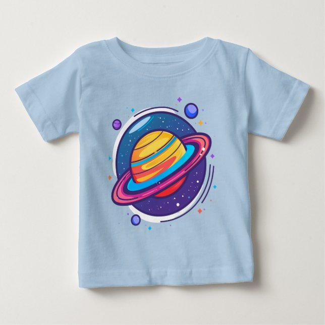 Söt Saturnus Planet Bebis T-Shirt – Färgglatt Rymd (Framsida)