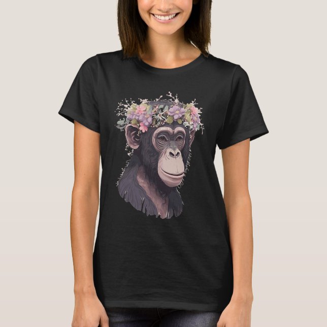 Söt schimpans schimpans blommig krona blommig apa  t shirt (Framsida)