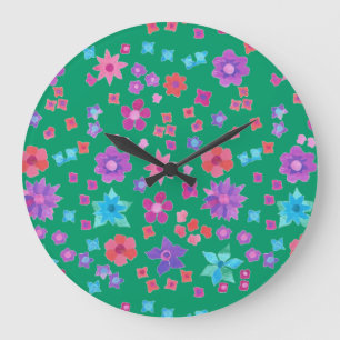Söt Sea Grönt Flower Power Round Wall Clock Stor Klocka