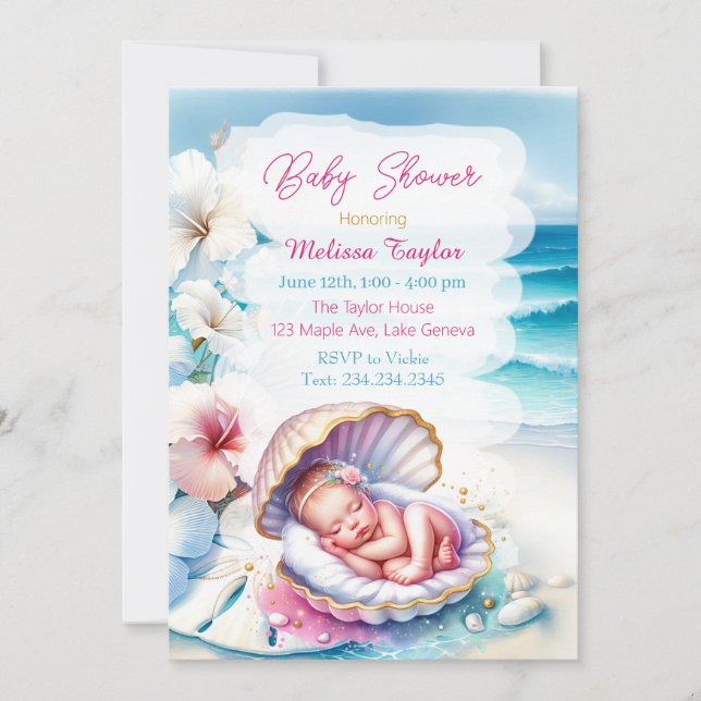 Söt Seaside Girl's Baby Shower Coastal Thézed Inbjudningar (Framsida)