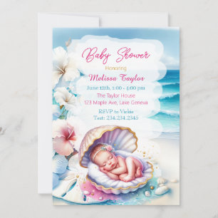Söt Seaside Girl's Baby Shower Coastal Thézed Inbjudningar