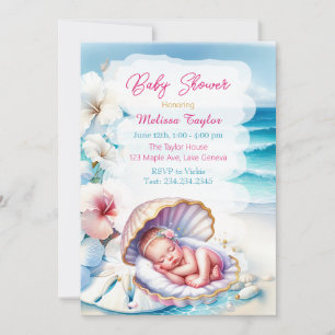 Söt Seaside Girl's Baby Shower Coastal Thézed Inbjudningar