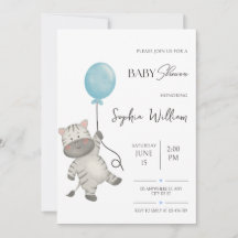 Söt Sebra Och Blå Ballong Akvarell Baby Shower