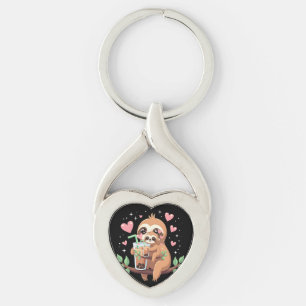 Söt Sengångare Boba Bubble Mjölkte Kawaii Kvinnor Twisted Heart Silverfärgad Nyckelring