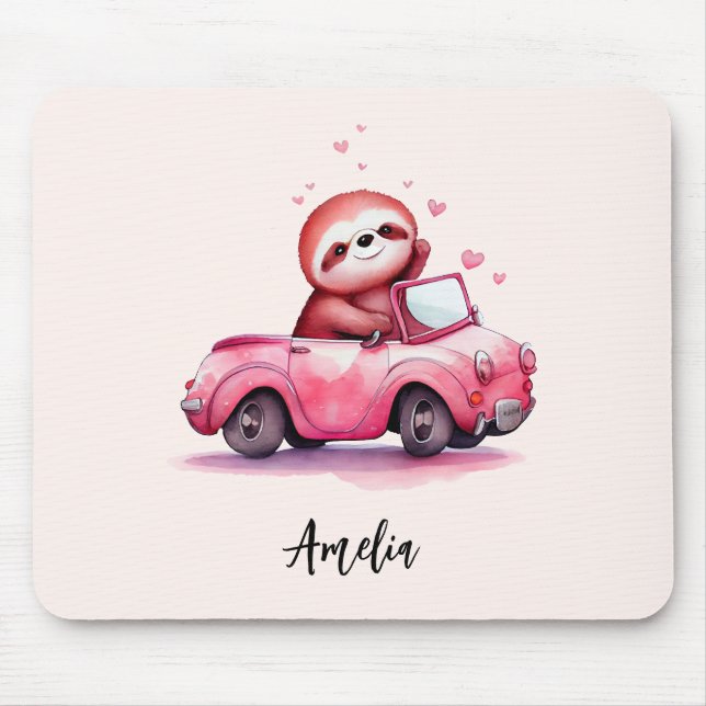 Söt sengångare som kör en rosa cabriolet musmatta (Framsidan)