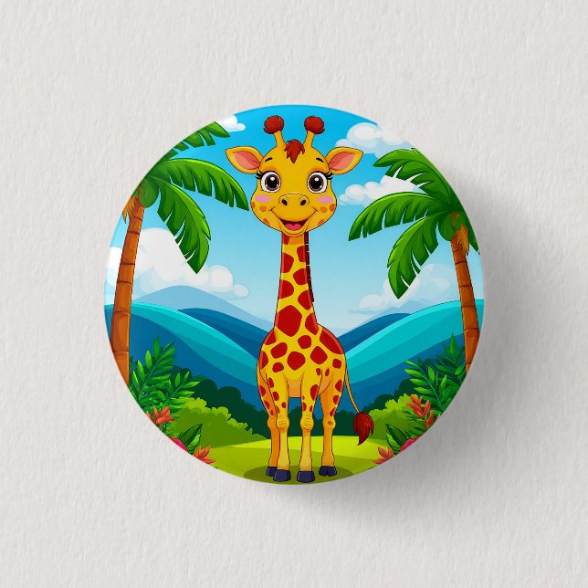 Söt serie-giraff i en tropisk landskap knapp (Framsida)