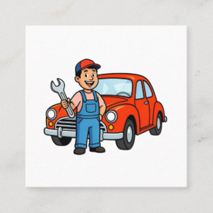 Söt serie mekaniker med röd bil illustration fyrkantigt visitkort