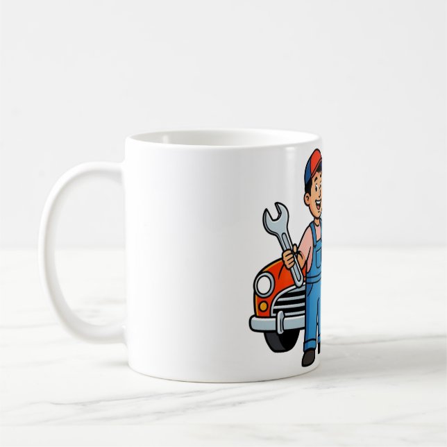 Söt serie mekaniker med röd bil illustration kaffemugg (Vänster)