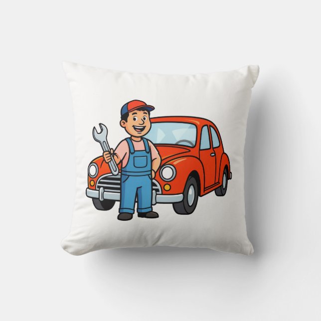 Söt serie mekaniker med röd bil illustration kudde (Framsida)