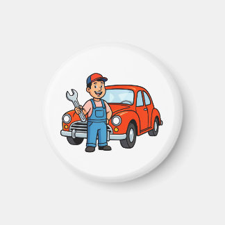 Söt serie mekaniker med röd bil illustration magnet