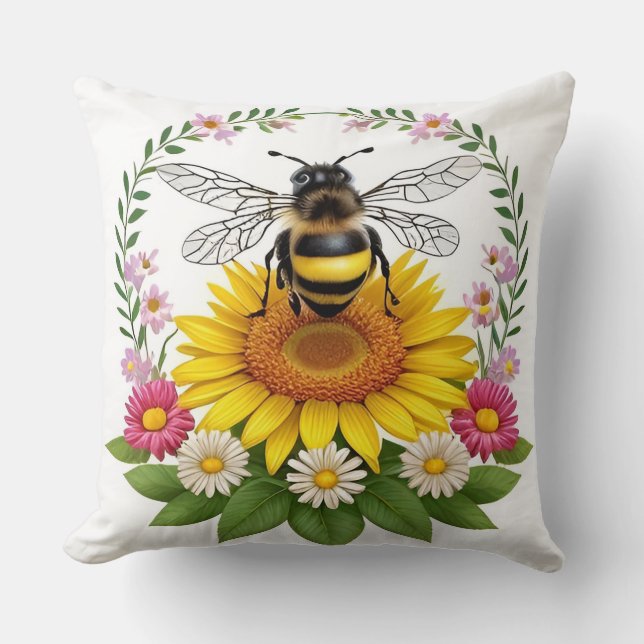 Söt seriebi omgiven av färgglada blommor kudde (Framsida)