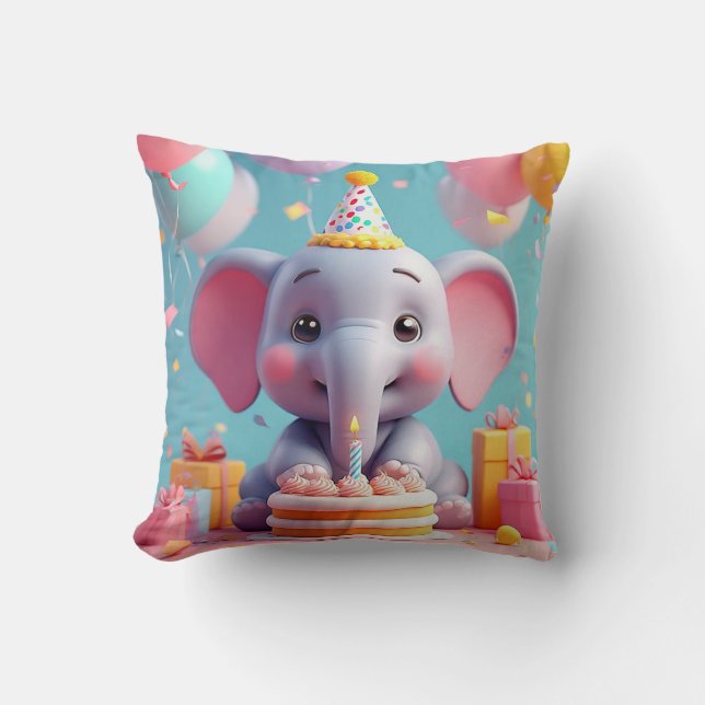 Söt serieelefant firar födelsedag kudde (Framsida)