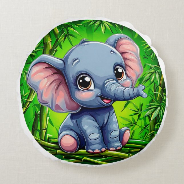 Söt serieelefant rund kudde (Framsidan)