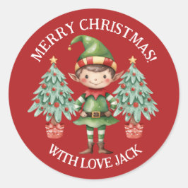 Söt seriefigur av alvböjd pojke God Jul hälsning  Runt Klistermärke
